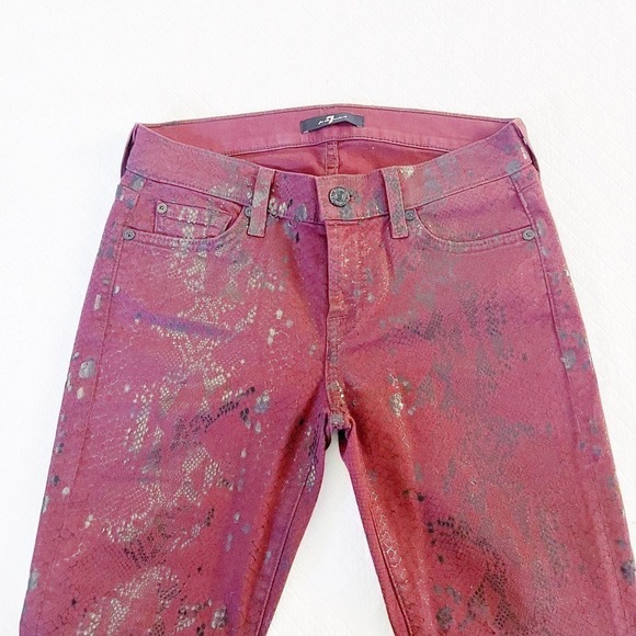 7 For All Mankind Snakeprint Denim Skinny Jeans SZ26 Dark Red - Picture 5 of 8